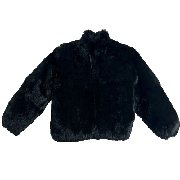 Niki Jacket Girls 7 Black Genuine Rabbit Fur Zip Up Mock Neck - Picture 1 of 13